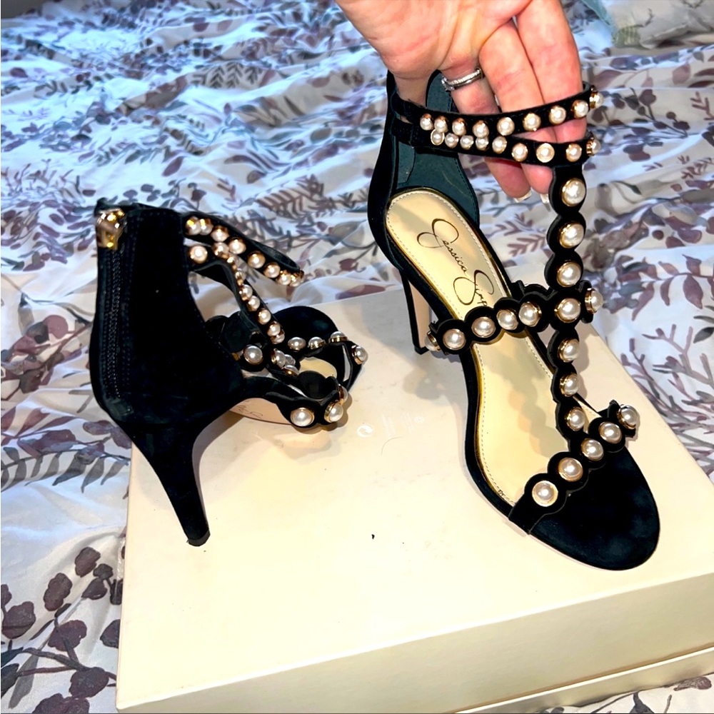 Jessica Simpson Pearl Embellished T-Strap Sandal Heels